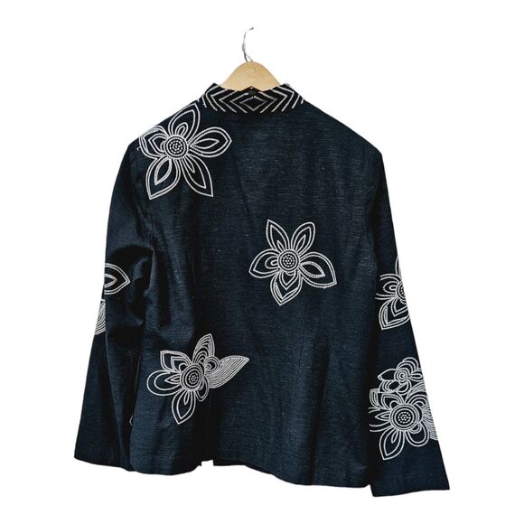 XL Black Silk Floral Embroidered Blazer Jacket Mandarin Collar Boxy Fit Lined - Picture 2 of 9